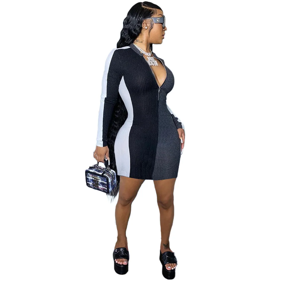 

Plus Size Color Block Patchwork Woman Dress Elegant Deep V Neck Long Sleeve Slim Dresses Vintage Zipper Night Club Party Dress