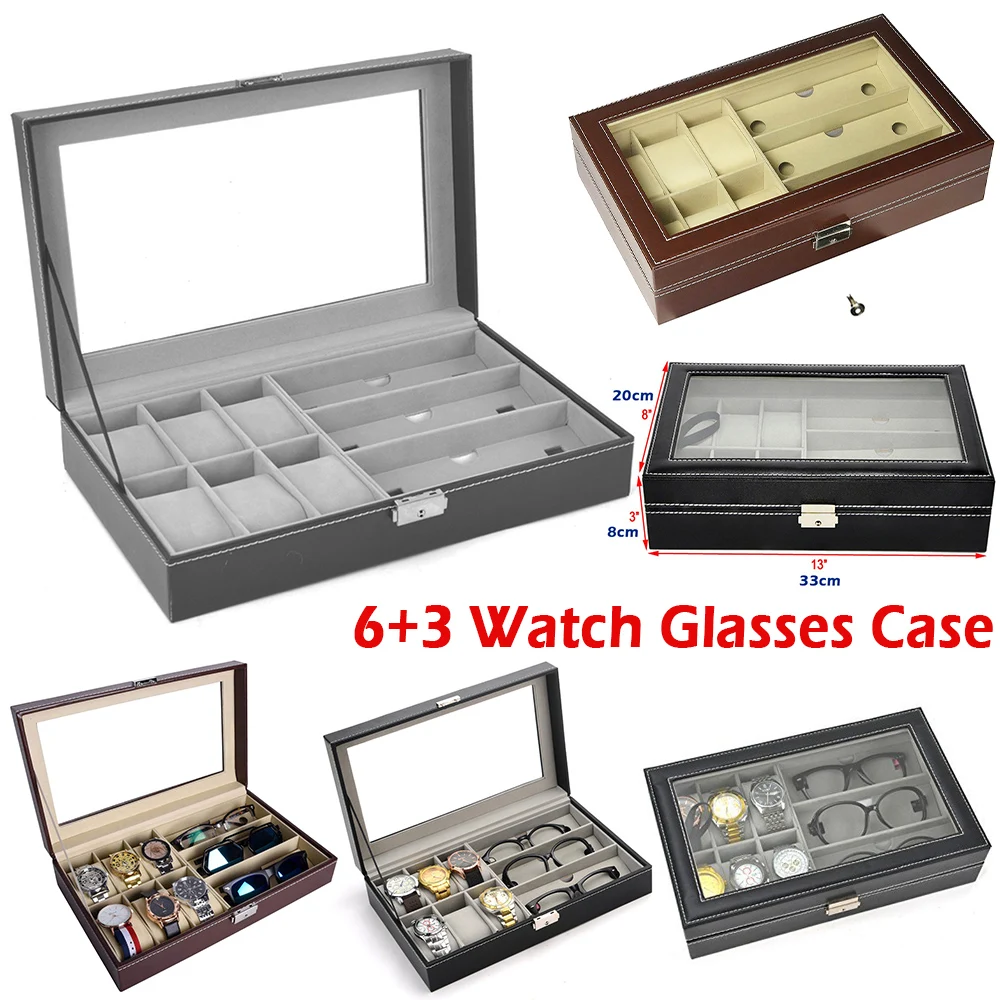 PU Leather 6 Watch&3 Eyeglasses Display Case Professional Holder