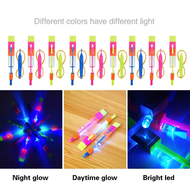 10PCS Outdoor Slingshot Toys Shining Rocket Flash LED Light Night Kids Shine Slingshot Elastic Helicopter Rotating Toy 2