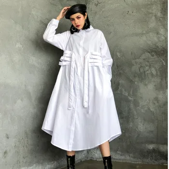 

iMucci 2020 Spring New Solid Turn Down Collar Long Sleeve Shirts Loose A-line Dress Sashes Design Fashion Street Style TM1674