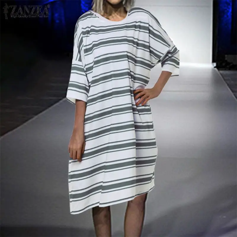 ZANZEA плюс размер осеннее Летнее Платье Женское Vestidos Полосатое с коротким рукавом o-образным вырезом винтажное мини платье Сарафан-туника