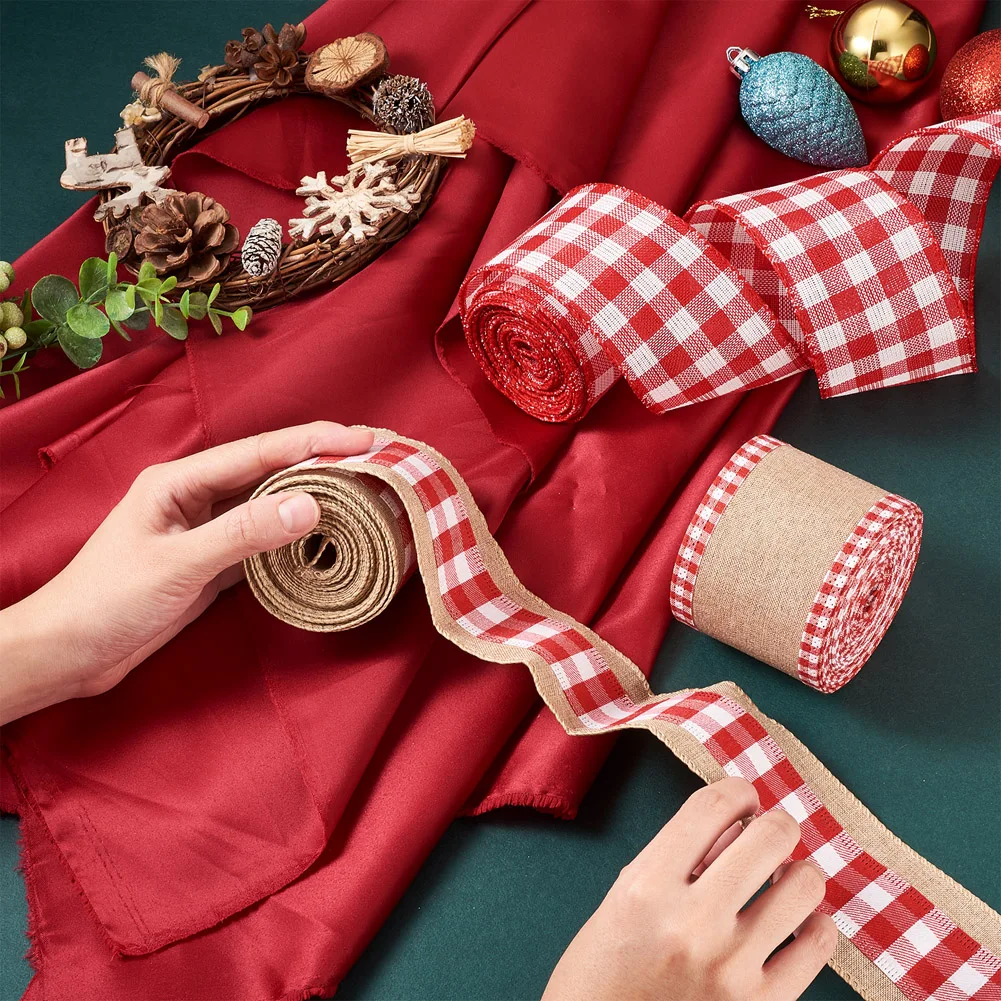3Rolls Christmas Decoration Polyester Hemp Ribbon Red Tartan Linen Buffalo Plaid Ribbon Cord for DIY Handmade Bow Gift Wrapping