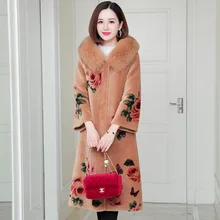 

High Quality Sheep Sheared Female Fur Coat Long Printed Fox Fur Collar Hooded Lamb Wool Particles In One Overcoat