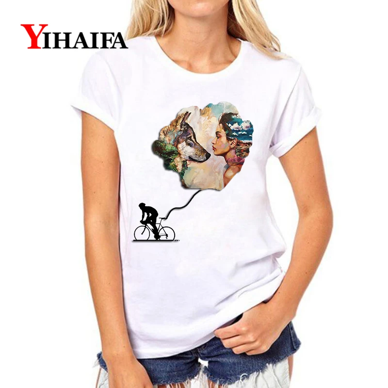 Женская футболка с коротким рукавом YIHAIFA roupas Повседневная белая принтом волка и