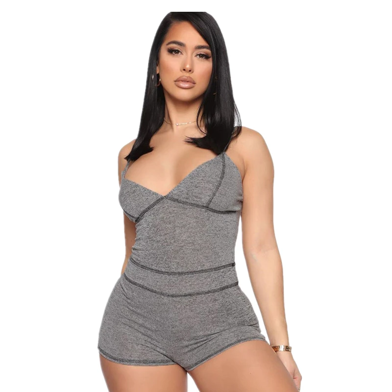 

Deep V Women Bodycon Grey Camis Rompers Playsuits Fitness Suit Sports Running Jumpsuit Tracksuit Gym Sportswear Tight Workout