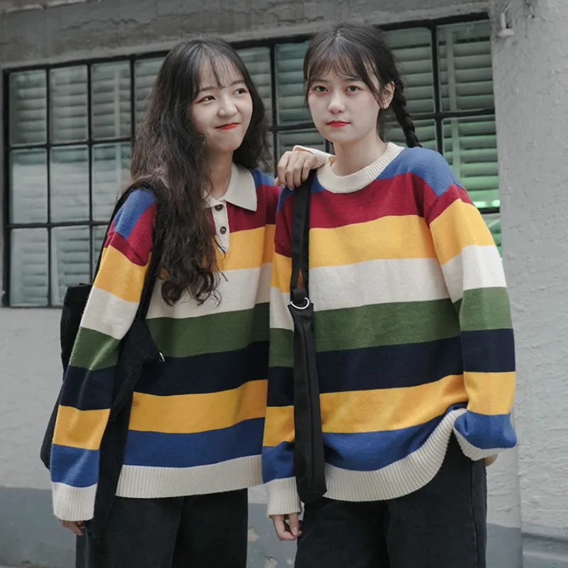 

Rainbow Striped Sweater Women Autumn Winter 2019 New Long Sleeve Loose Buttons Polo Neck Pullover Fashion Harajuku College Style