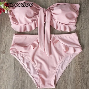 

In Stock Bikini Women Sexy Solid Ruffles Split Bikini Backless Swimwear Swimsuit Two Piece Suit Fast Delivery
