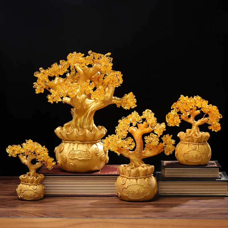 

Creativity Crystal Lucky Tree Cash Cow Gold Resin Crafts Ornaments Gold Bag Base Home Living Room Porch Office Desk Furnishings