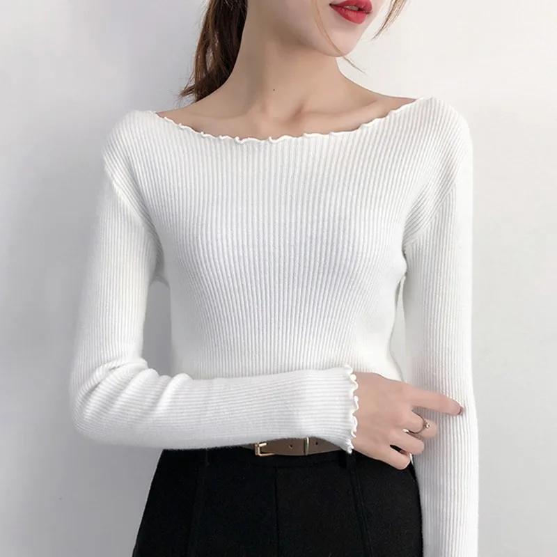 

BEFORW Autumn Women Collar Sweater All-match Long Sleeved Shirt Slim One-neck Female Thread Tight Pullover