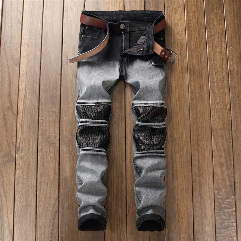 Новые модные мужские джинсы прямые мотоциклетные плиссированные Стрейчевые брюки в стиле хип-хоп Серые лоскутные джинсы Slim Fit skinny trousers