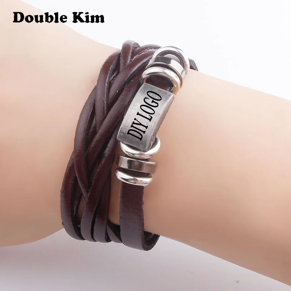Customized Men's Braided Leather Multilayer Bangle Stainless Steel Material DIY Engrave Word Bracelet Fashion Jewelry | Украшения и
