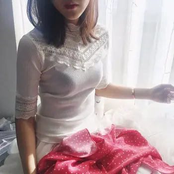 

Women Shirt Mid Sleeve Half-High Collar Slim Fit Thin Paneling Lace Stretch Bottom Shirt