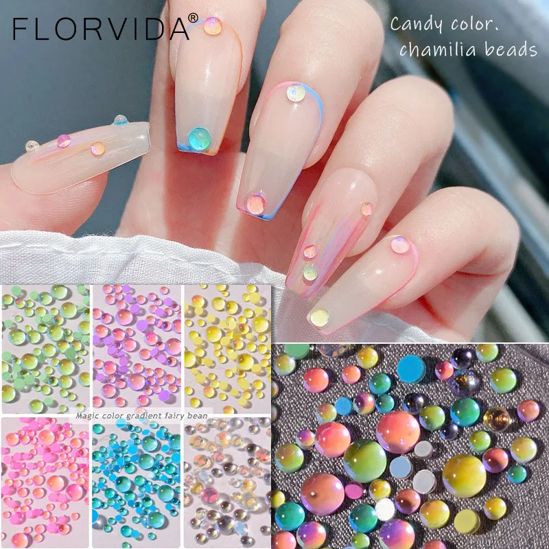 FlorVida 20pcs Sweet Heart Mermaid Rhinestone Beads Holographic Crystal Gems Stones For Nail Art Decorations Mix Size Box Kawaii