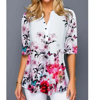 Shirt Blouse Fashion 2020 Large Size Tops Women Casual V Neck Shirt Ladies Loose Floral