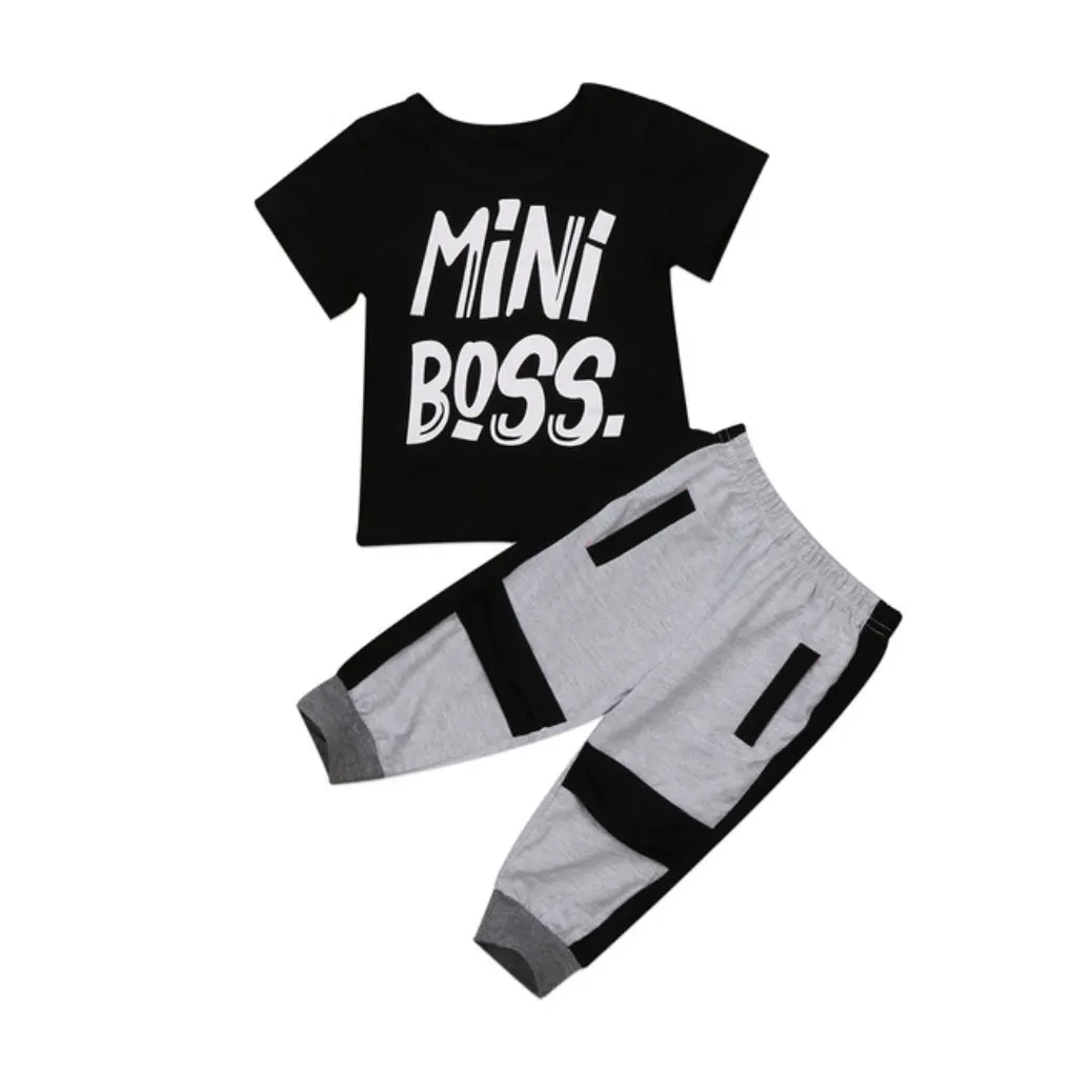 Spring Summer Children's 2-piece Suit MINI BOSS Boy Girl Short Tshirt and Color Block Sweatpants Support Small Wholesale | Мать и
