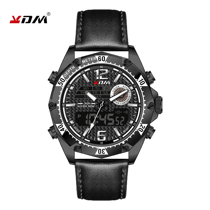 

KDM Multifunction Men Sports Watch Luxury Brand Leather Strap Dual Quartz Digital Waterproof Wristwatch Top Quality Montre Homme