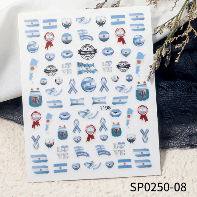 Fashion Adhesive World Cup Football Nail Decal Brazil Argentina Flag Nail Art Sticker 3D Manicure Decoration Accessories7.8x10cm SP0250-08
