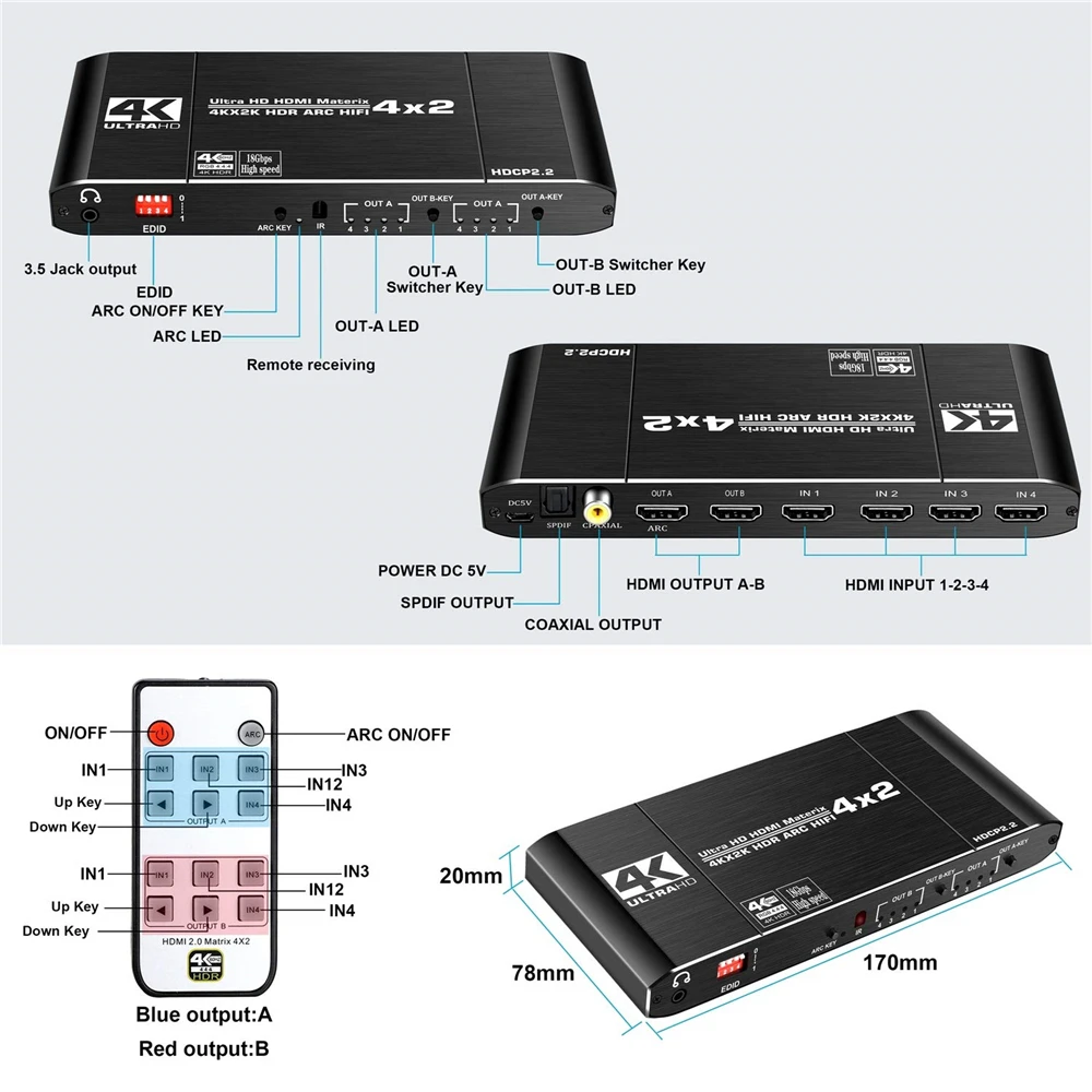 Splitter com Spdif e l 60hz para Ps5 Comutador Matriz r 3.5mm Hdr Hdmi-compatível 2x2 Suporta Hdcp 2.2 Arc 3d 4k @ 2022 4x2 - - Image 5