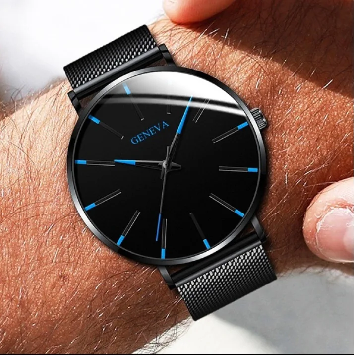 En venta Marca GENEVA-Reloj de pulsera de cuarzo para hombre, cronógrafo de malla de acero inoxidable, color negro, de alta calidad, sencillo, masculino OMZmeBbYp