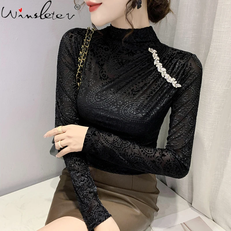 

MadBlack Fall Winter Clothes Jacquard Weave T-Shirt Sexy Diamonds Print Elegant Split Women Tops Long Sleeve Lady Tees T1N021A