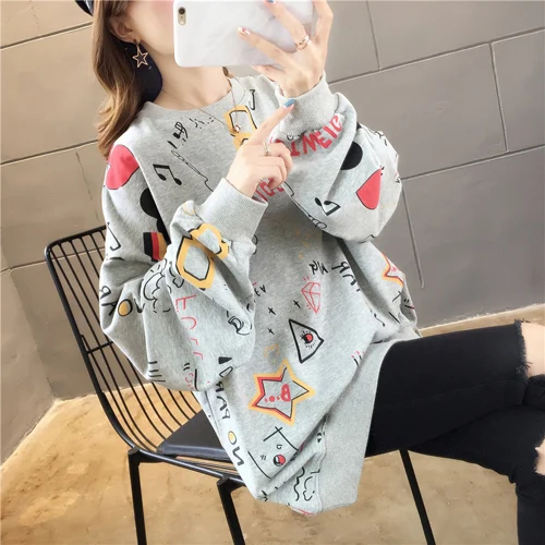 Women Autumn Graffiti Oversized Fashion Girls Loose Fit Long Coat Korean Kawaii Tops Hoodies Sweatshirts Women's Clothes - Цвет: gray