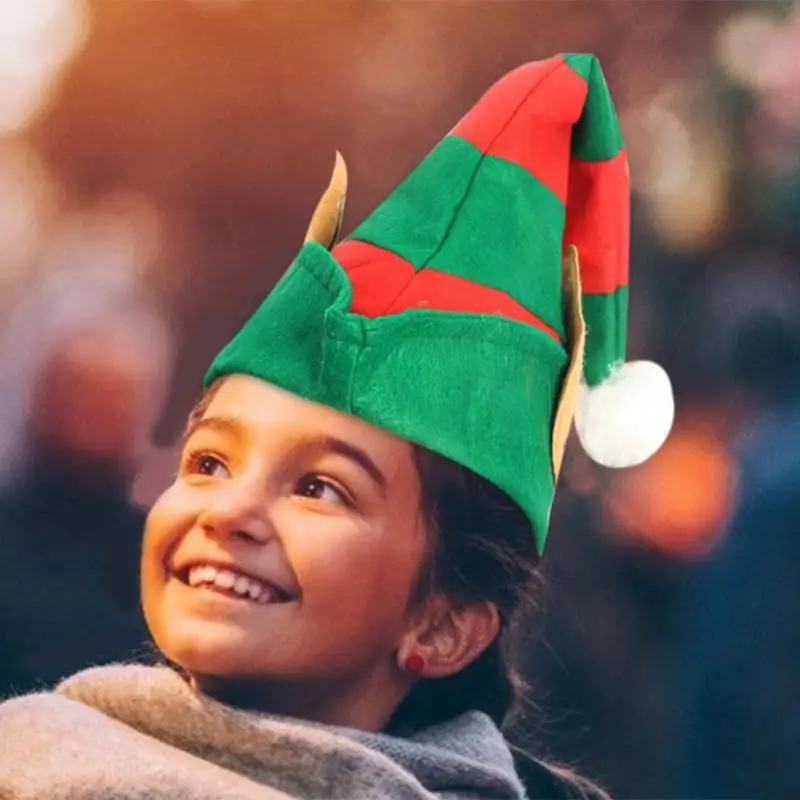 

New Year Creative Cartoon Hat Christmas Elf Hat Red Green Striped with Ears Decoration Accessories Gift for Child Adult