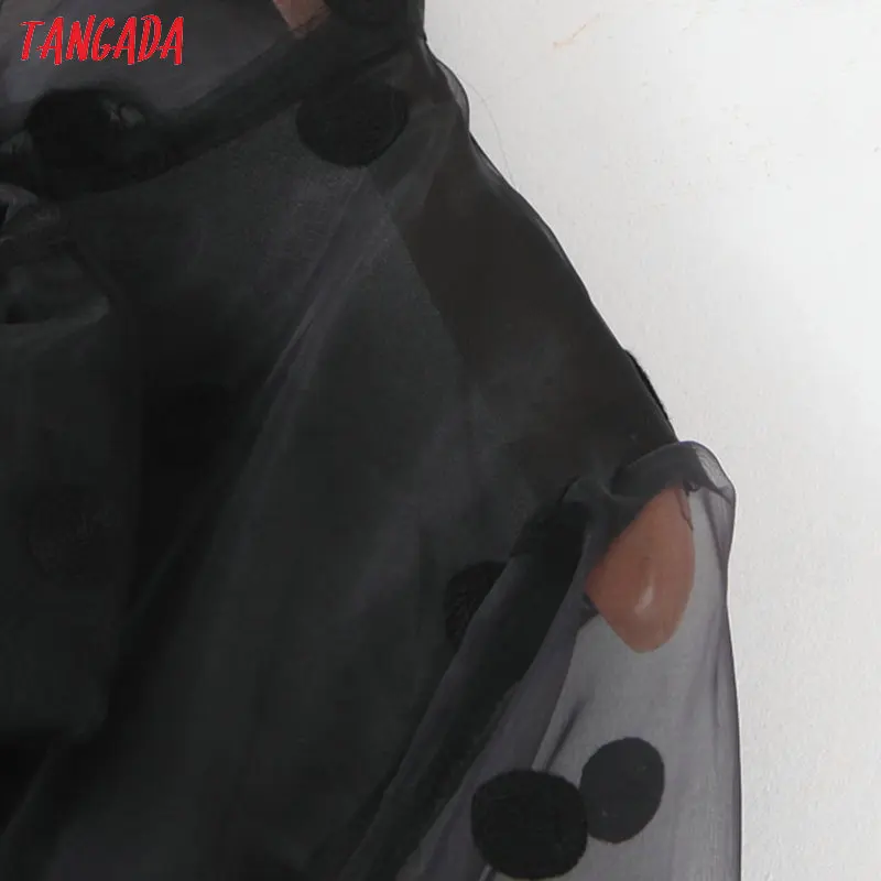 Ceny Tangada kobiety kropki haft mesh bluzka sexy przepuszczalność muszka szyi z długim rękawem chic koszula damska blusas femininas SL181
