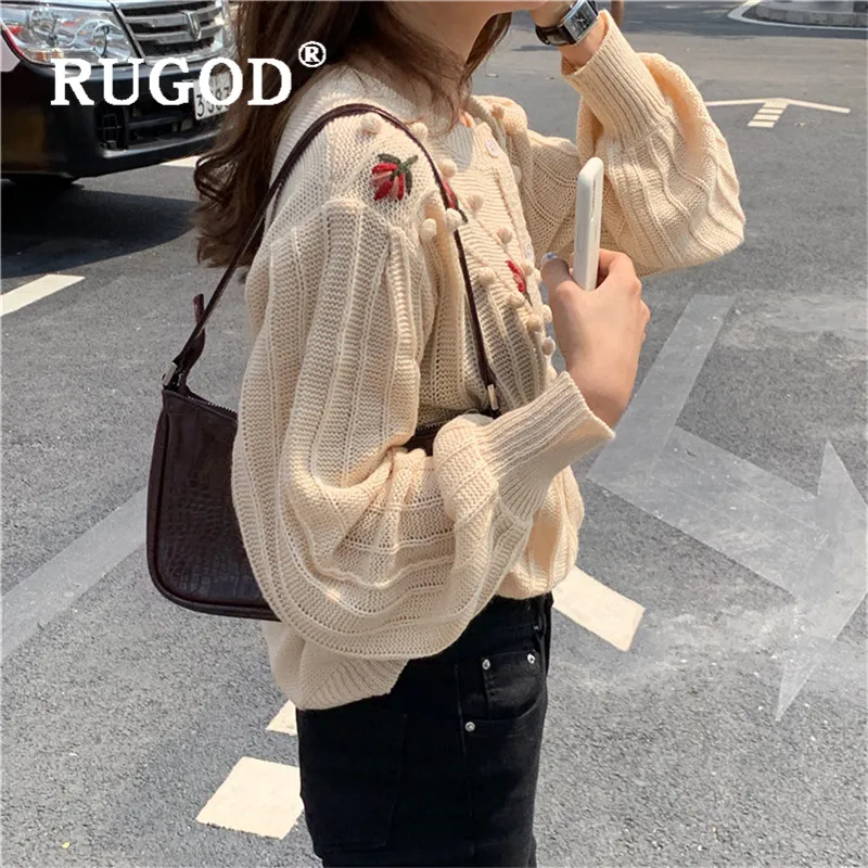 RUGOD Korean New Style O-neck Elegant Knitted Cardigan Flower Embroidery Sweaters Women Fashion