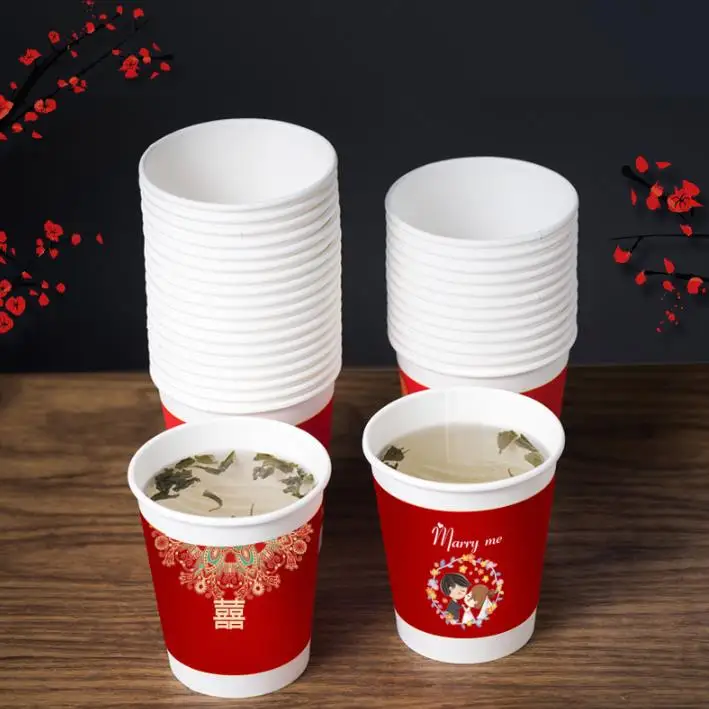 

Dropshipping 100PC Disposable Cup Wedding Wholesale Wedding Red Happy Word Paper Cup Birthday Party Disposable Party Supplies