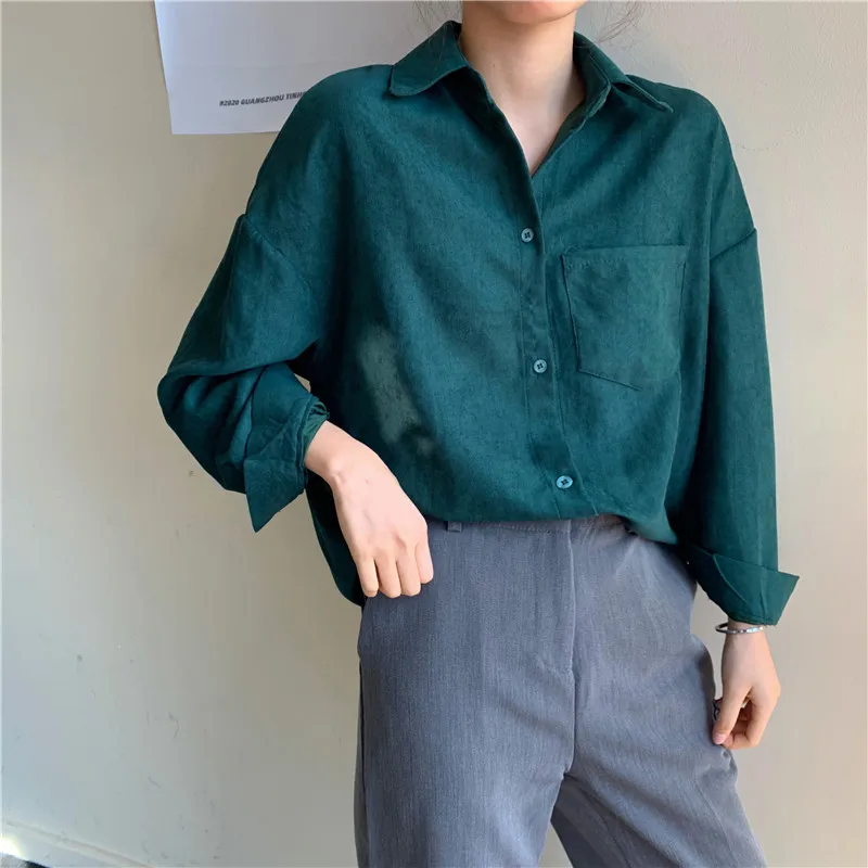 

HziriP 2020 OL Shirt Women Long Sleeve Lapel Loose Fashion Solid Green Tops Casual Women Blouse Work Shirts Blusas Mujer De Moda