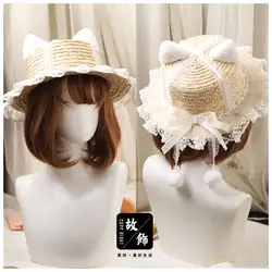 Mori Girl японская Свадебная кружевная соломенная шляпа с бантом каваи кошачьи уши шапка винтажная Лолита ручной работы белая шляпа от солнца