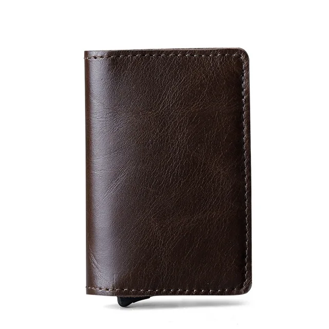 Men Wallet Automatic Credit card holder Crazy Horse Genuine Leather Aluminum Mini Wallet With Back Pocket ID Card RFID Blocking - Color: brown
