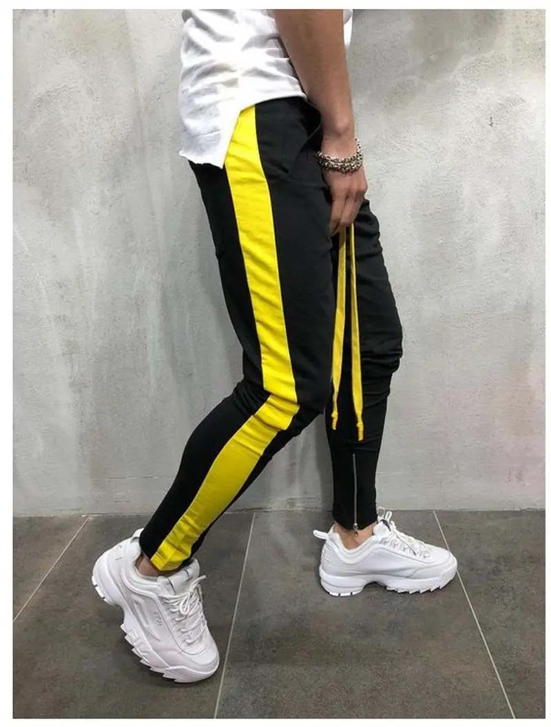 Мужские повседневные брюки штаны для бега бодибилдинга Фитнес тренировочные брюки мужские полосатые карманы мужские винтажные спортивные штаны - Цвет: Black Yellow