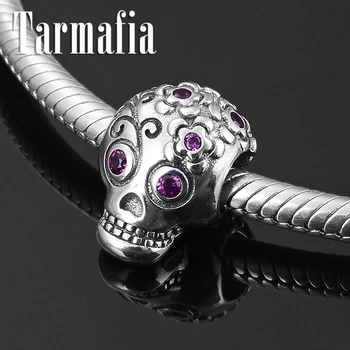 

Hot sale 925 Sterling Silver Purple Zircon Flower pattern Skull Beads Charms Fit Original Women Charm Bracelet Jewelry Making
