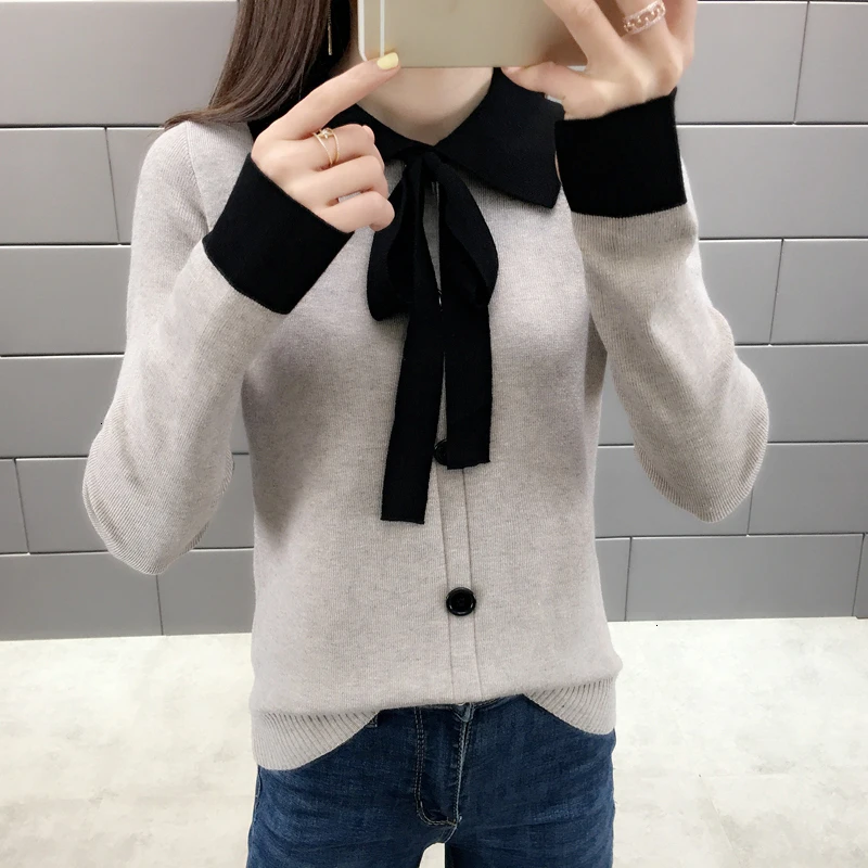 

2019 New popular flag collar Trui women Sweet bow Lace Up Trui Long sleeves Button depth point Trui sweater