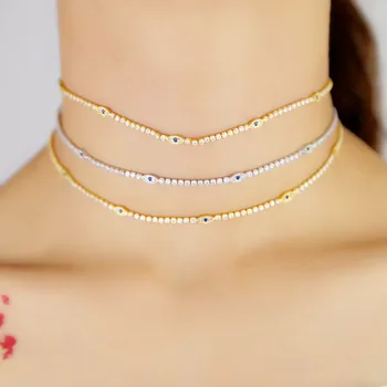 

Cute Mini Iced Out Tennis Chain Link Turkish Evil Eye Choker Necklace Paved Mini Blue White CZ for Women Girls Party Wedding