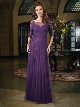 

HOT Sheer Neck Half Sleeve Mother Of The Bride Dresses Purple Appliques Lace Groom Dress For Wedding Party Prom Mother Gown