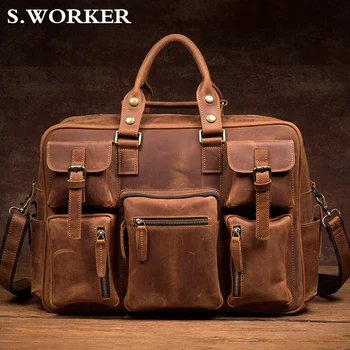 

Men's Vintage Crazy Horse Genuine Leather Briefcase 16" Real Leather Business Bag Cowhide Laptop Messenger Bag Large Travel Tote