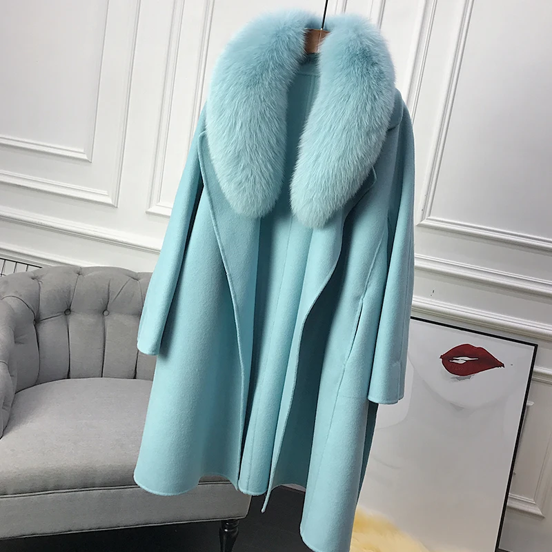 

2019 Real Fur Coat Winter Thick Jacket Belt Ladies Streetwear Women Natural Fox Fur Collar Cashmere Wool Blends Long Outerwear
