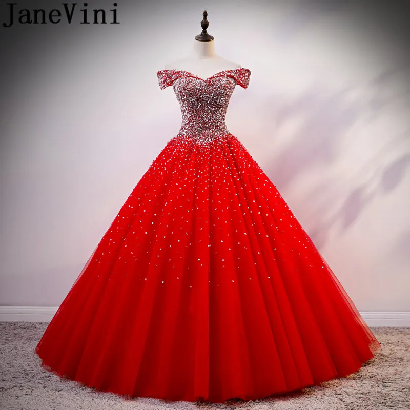 Janevini Shining Crystal Red Quinceanera Jurken Baljurk Formele Prom Off Shoulder Tulle Kralen Pailletten Sweet 16 Party Dress Janevini Shining Crystal Red Quinceanera Jurken Baljurk Formele Prom Off Shoulder Tulle Kralen Pailletten Sweet 16 Party Dress
