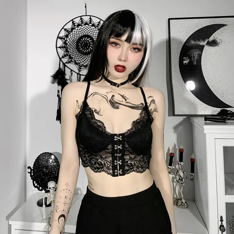 Black Gothic Women Lace Spliced Transparent Camis 2021 Summer Lady Deep V Neck Backless Sexy Camisole Cool Outdoor Streetwear