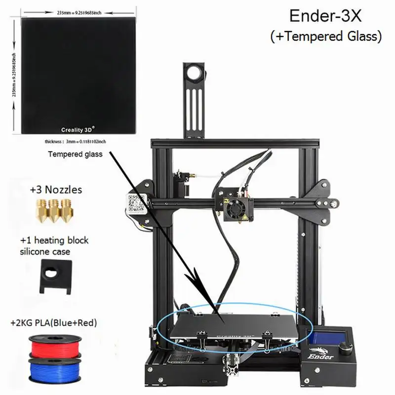 CREALITY 3d принтер Ender-3X обновленный подарок из закаленного стекла сопла и нагревательный блок силиконовый рукав+ PLA - Цвет: Add Blue Red PLA