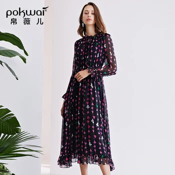 

POKWAI women 2020 fashion floral dress plus size A-line casual print silk dresses