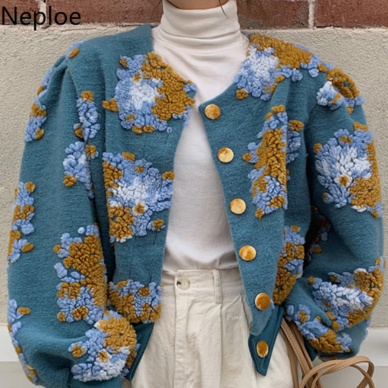 Винтажная Женская куртка Neploe с цветами шерстяной кардиган вышивкой