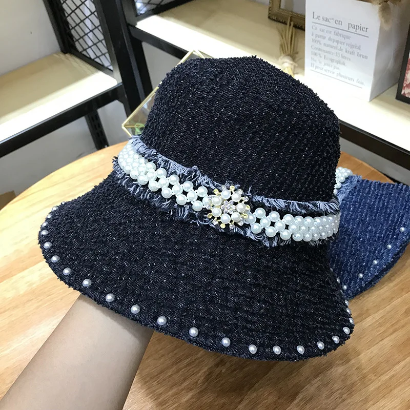 01910-jinri127 дизайнерская Элегантная стильная джинсовая ткань с жемчугом и лентой, женская кепка для отдыха, женская уличная шляпа