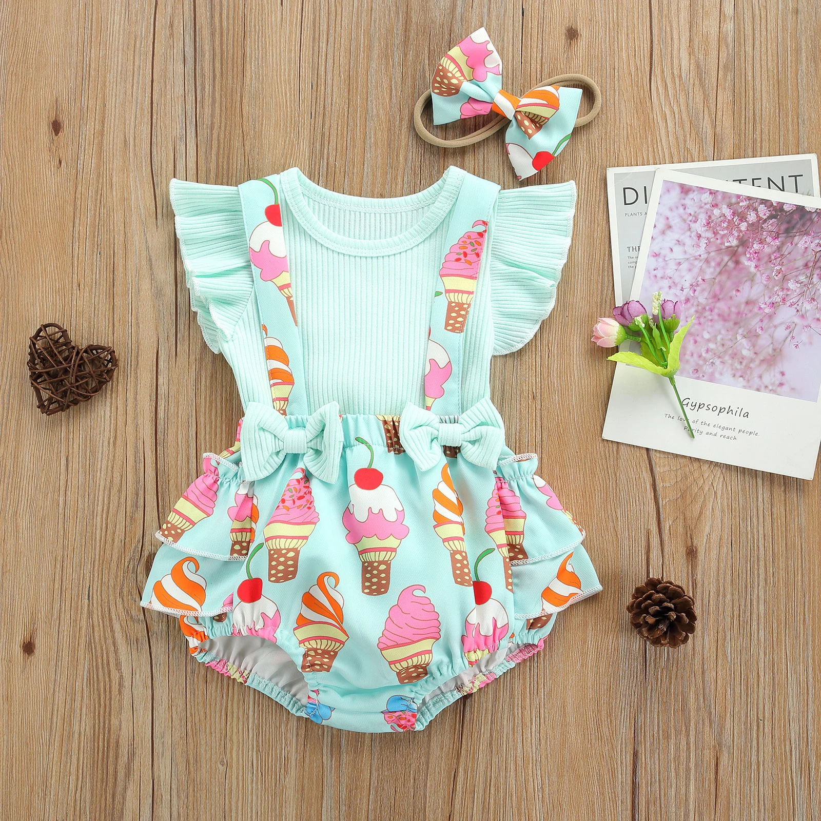 Cute Newborn Infant Baby Girls Fly Sleeve Ribbed Blue T-Shirt Top ICe Cream Print Suspender Pants Bowknot Headband 3pcs Outfits Baby Clothing Set classic