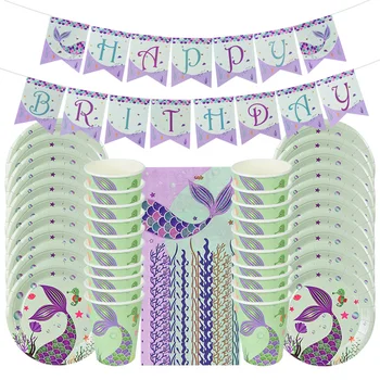 

61Pcs Mermaid Birthday Party Disposable Tableware Set Paper Plates Cups Napkins Baby Girls Birthday Party Supplies Decoration