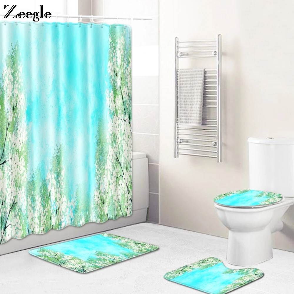 Zeegle 4Pcs Bath Mat Set Bathroom Toilet Seat Cover Shower Curtain Anti Slip Toilet pedestal Rug Waterproof bathroom Curtain Set
