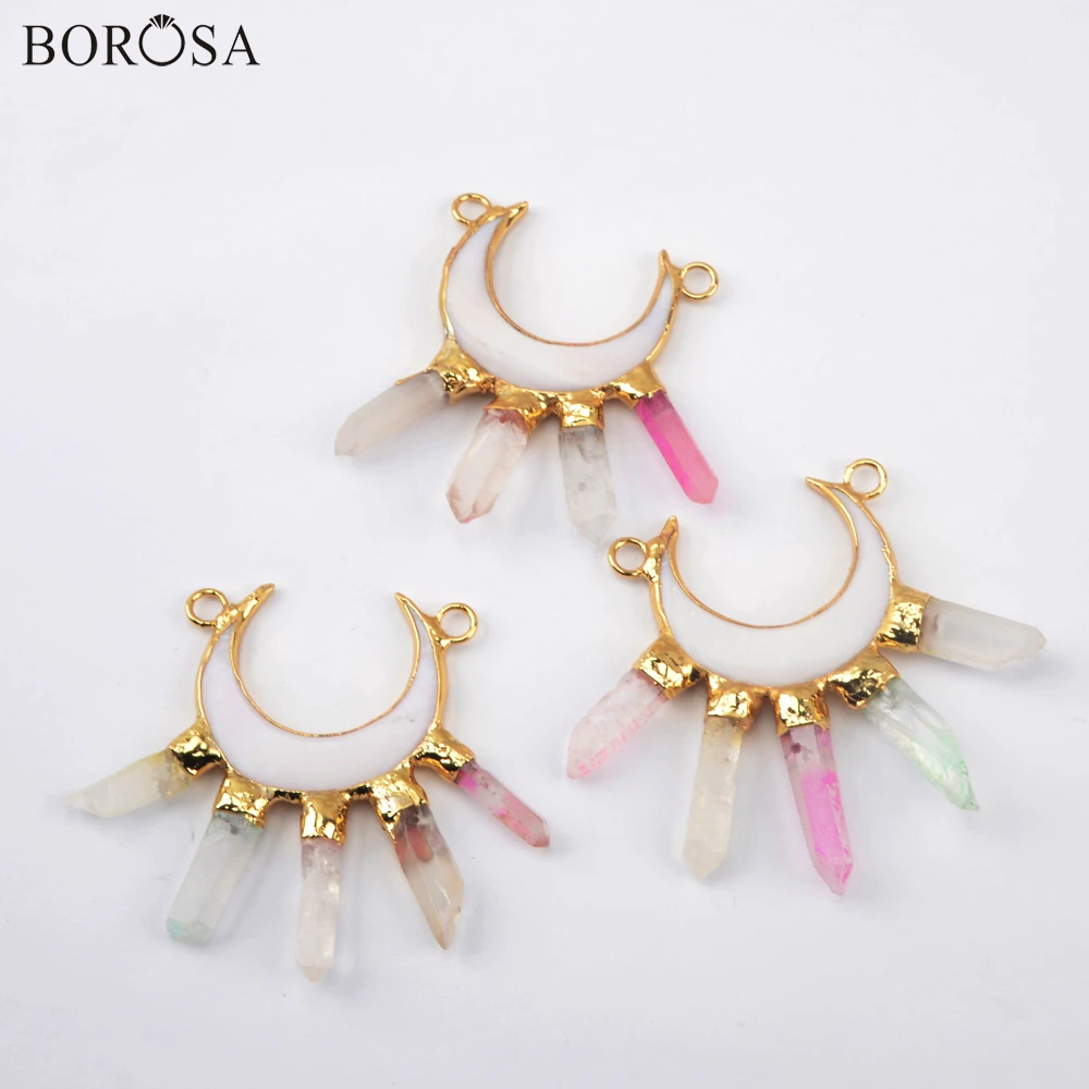 BOROSA двойной рожок белый корпус кулон Золотое покрытие Кристалл кварц точка