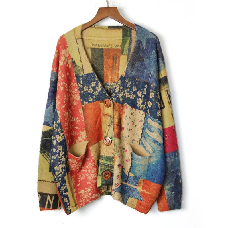 2019 Winter Autumn Women's Loose Casual Literary Printing Large Size V-neck Sweater Jacket Cardigan Coat |